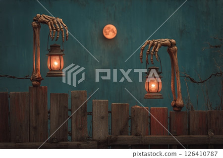 Spooky Lanterns Light up a Haunted Scene With Skeleton Hands at Night 126410787