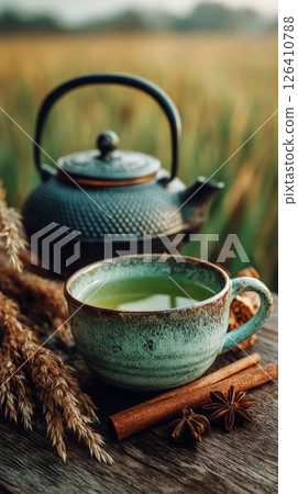 Relaxing Tea Time on a Wooden Table Surrounded by Nature During Golden Hour Relaxing Tea Time on a Wooden Table Surrounded by Nature During Golden Hour 126410788