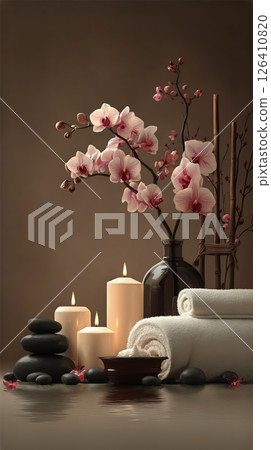 Relaxing Spa Setup With Candles, Orchids, and Smooth Stones in Serene Ambiance 126410820