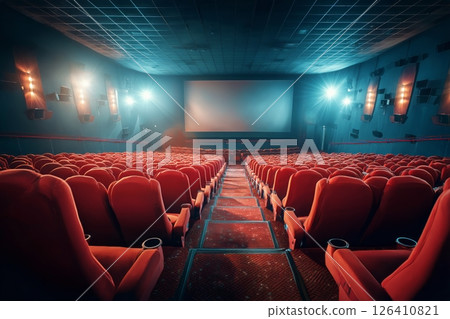 Modern Cinema Interior Featuring Empty Red Seats and a Bright Screen Displaying a City View 126410821