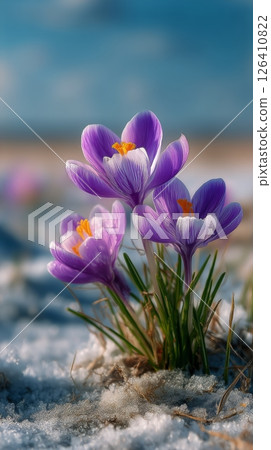 Spring Blooms of Purple Crocuses Emerge Through Melting Snow in a Natural Landscape 126410822