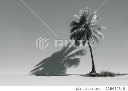 Swaying Palm Tree Casting Shadows on a Sandy Beach During a Clear Sunny Day 126410840