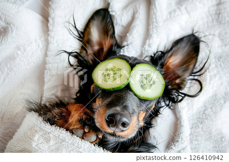 Black and tan dachshund dog in wellness spa with cucumber on eyes, covered with a towel. Dog with with a piece of cucumber on it eyes relaxing on the bed at home. Top down view. Empty space for text 126410942