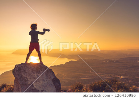 Woman with camera take travel photo Woman with camera take travel photo 126410986