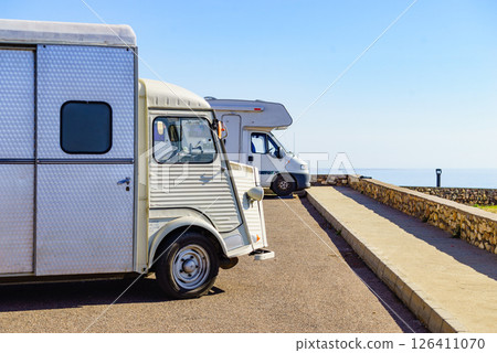 Vintage caravan camping on coast Vintage caravan camping on coast 126411070