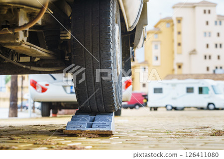 Camper leveling block in use. 126411080