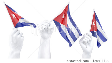 Hand holding flag of Cuba. Isolated 3d Rendering 126411100