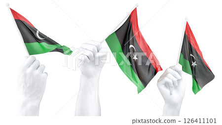 Hand holding flag of Libya. Isolated 3d Rendering Hand holding flag of Libya. Isolated 3d Rendering 126411101