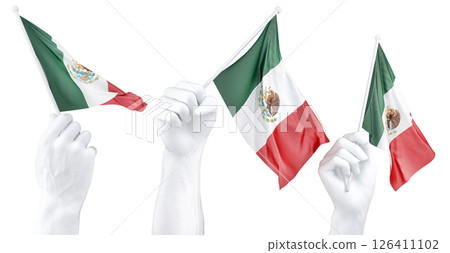 Hand holding flag of Mexico. Isolated 3d Rendering Hand holding flag of Mexico. Isolated 3d Rendering 126411102