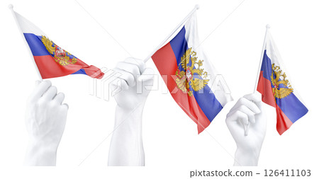 Hand holding flag of Russia with Coat of arms. Isolated 3d Rendering 126411103