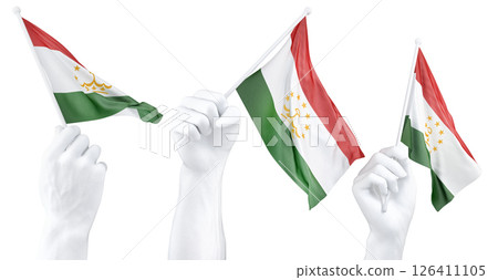 Hand holding flag of Tajikistan. Isolated 3d Rendering 126411105