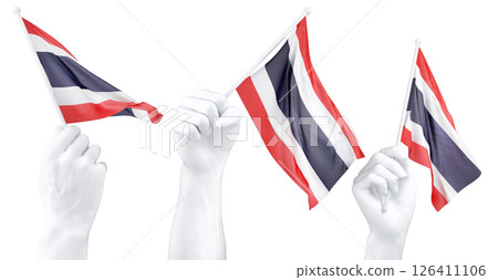 Hand holding flag of Thailand. Isolated 3d Rendering Hand holding flag of Thailand. Isolated 3d Rendering 126411106