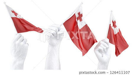 Hand holding flag of Tonga. Isolated 3d Rendering Hand holding flag of Tonga. Isolated 3d Rendering 126411107