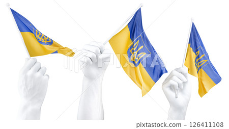 Hand holding flag of Ukraine with Coat of arms. Isolated 3d Rendering 126411108