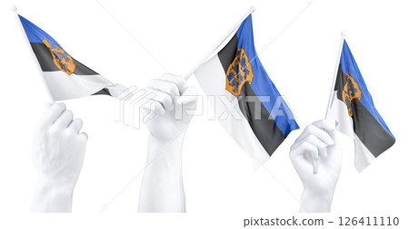 Hand holding flag of Estonia with Coat of arms. Isolated 3d Rendering Hand holding flag of Estonia with Coat of arms. Isolated 3d Rendering 126411110