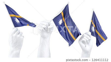 Hand holding flag of Nauru. Isolated 3d Rendering Hand holding flag of Nauru. Isolated 3d Rendering 126411112