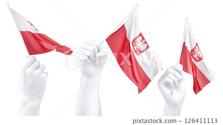 Hand holding flag of Poland with Coat of arms. Isolated 3d Rendering Hand holding flag of Poland with Coat of arms. Isolated 3d Rendering 126411113