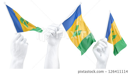 Hand holding flag of Saint Vincent and the Grenadines. Isolated 3d Rendering 126411114
