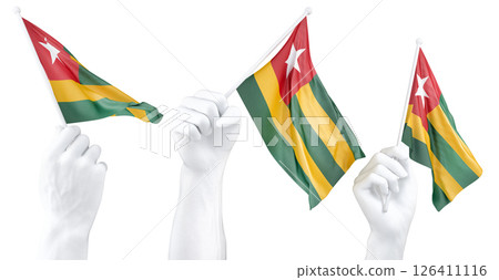 Hand holding flag of Togo. Isolated 3d Rendering 126411116