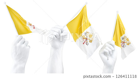 Hand holding flag of Vatican City. Isolated 3d Rendering 126411118