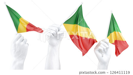 Hand holding flag of Republic of the Congo. Isolated 3d Rendering Hand holding flag of Republic of the Congo. Isolated 3d Rendering 126411119