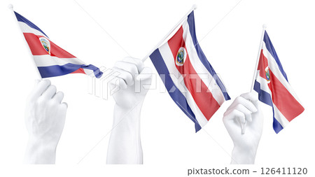 Hand holding flag of Costa Rica. Isolated 3d Rendering Hand holding flag of Costa Rica. Isolated 3d Rendering 126411120