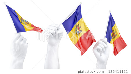Hand holding flag of Moldova. Isolated 3d Rendering Hand holding flag of Moldova. Isolated 3d Rendering 126411121