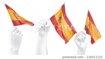 Hand holding flag of Spain. Isolated 3d Rendering Hand holding flag of Spain. Isolated 3d Rendering 126411123