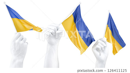 Hand holding flag of Ukraine. Isolated 3d Rendering Hand holding flag of Ukraine. Isolated 3d Rendering 126411125