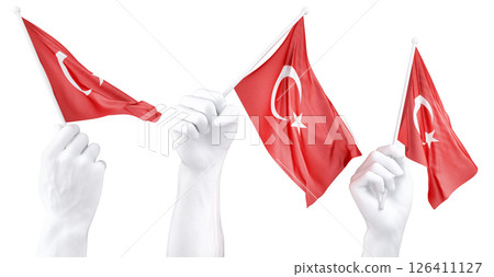 Hand holding flag of Turkey. Isolated 3d Rendering Hand holding flag of Turkey. Isolated 3d Rendering 126411127