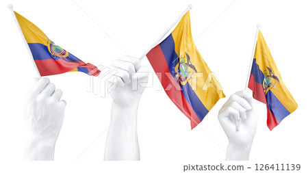 Hand holding flag of Ecuador. Isolated 3d Rendering Hand holding flag of Ecuador. Isolated 3d Rendering 126411139