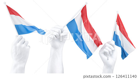 Hand holding flag of Luxembourg. Isolated 3d Rendering Hand holding flag of Luxembourg. Isolated 3d Rendering 126411140