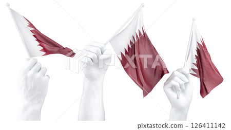 Hand holding flag of Qatar. Isolated 3d Rendering Hand holding flag of Qatar. Isolated 3d Rendering 126411142