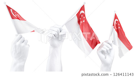 Hand holding flag of Singapore. Isolated 3d Rendering Hand holding flag of Singapore. Isolated 3d Rendering 126411143
