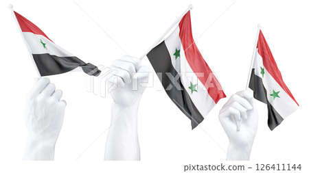 Hand holding flag of Syria. Isolated 3d Rendering Hand holding flag of Syria. Isolated 3d Rendering 126411144