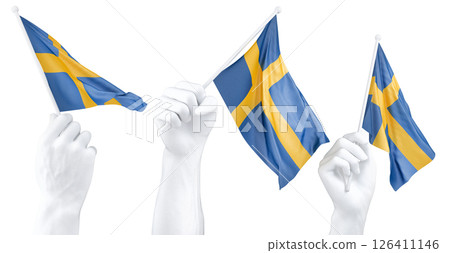 Hand holding flag of Sweden. Isolated 3d Rendering 126411146