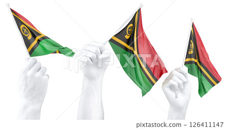 Hand holding flag of Vanuatu. Isolated 3d Rendering Hand holding flag of Vanuatu. Isolated 3d Rendering 126411147