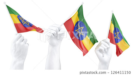 Hand holding flag of Ethiopia. Isolated 3d Rendering 126411150