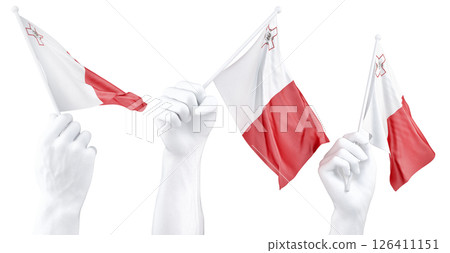 Hand holding flag of Malta. Isolated 3d Rendering Hand holding flag of Malta. Isolated 3d Rendering 126411151