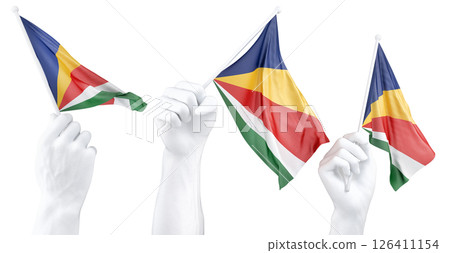 Hand holding flag of Seychelles. Isolated 3d Rendering Hand holding flag of Seychelles. Isolated 3d Rendering 126411154