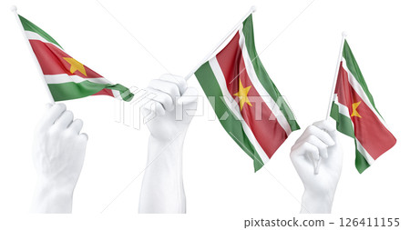 Hand holding flag of Suriname. Isolated 3d Rendering Hand holding flag of Suriname. Isolated 3d Rendering 126411155