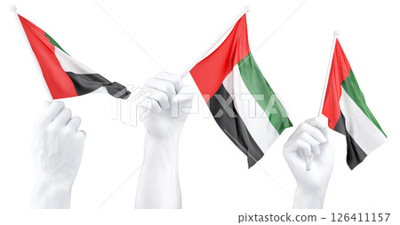 Hand holding flag of United Arab Emirates. Isolated 3d Rendering Hand holding flag of United Arab Emirates. Isolated 3d Rendering 126411157