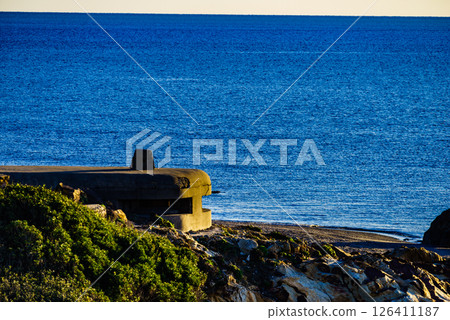War bunker on the beach coast, Spain 126411187