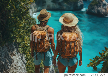 Couple hiking along a tropical cliff with ocean views, backpacks, sun hats, exploring nature, 126411224