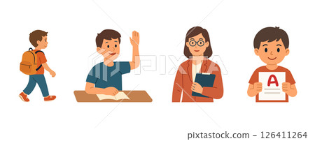 Back to school illustration with student walking to class raising hand receiving A grade and teacher character Back to school illustration with student walking to class raising hand receiving A grade and teacher character 126411264