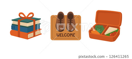 back to school elements, book gift stack, welcome mat with shoes, and lunch box flat vector illustration 126411265