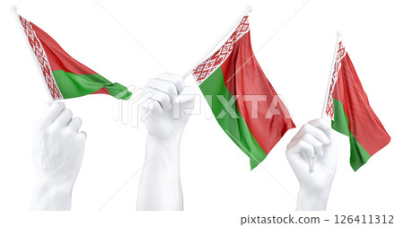 Hand holding flag of Belarus. Isolated 3d Rendering Hand holding flag of Belarus. Isolated 3d Rendering 126411312