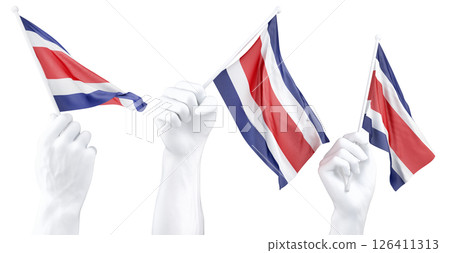 Hand holding flag of Costa Rica. Isolated 3d Rendering Hand holding flag of Costa Rica. Isolated 3d Rendering 126411313