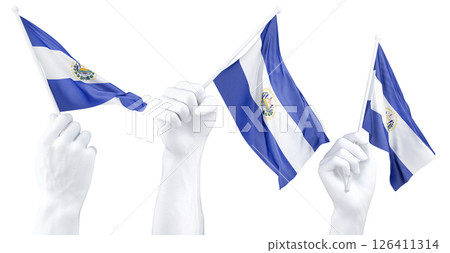 Hand holding flag of El Salvador. Isolated 3d Rendering Hand holding flag of El Salvador. Isolated 3d Rendering 126411314