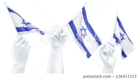 Hand holding flag of Israel. Isolated 3d Rendering Hand holding flag of Israel. Isolated 3d Rendering 126411315